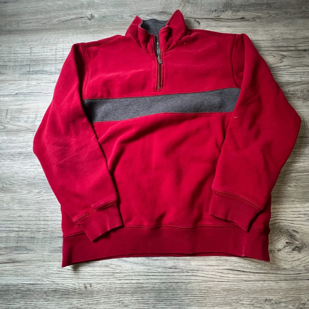 Eddie Bauer Quarter Zip Mens L Tall Red Grey Stripe Fleece Pullover Sweatshirt